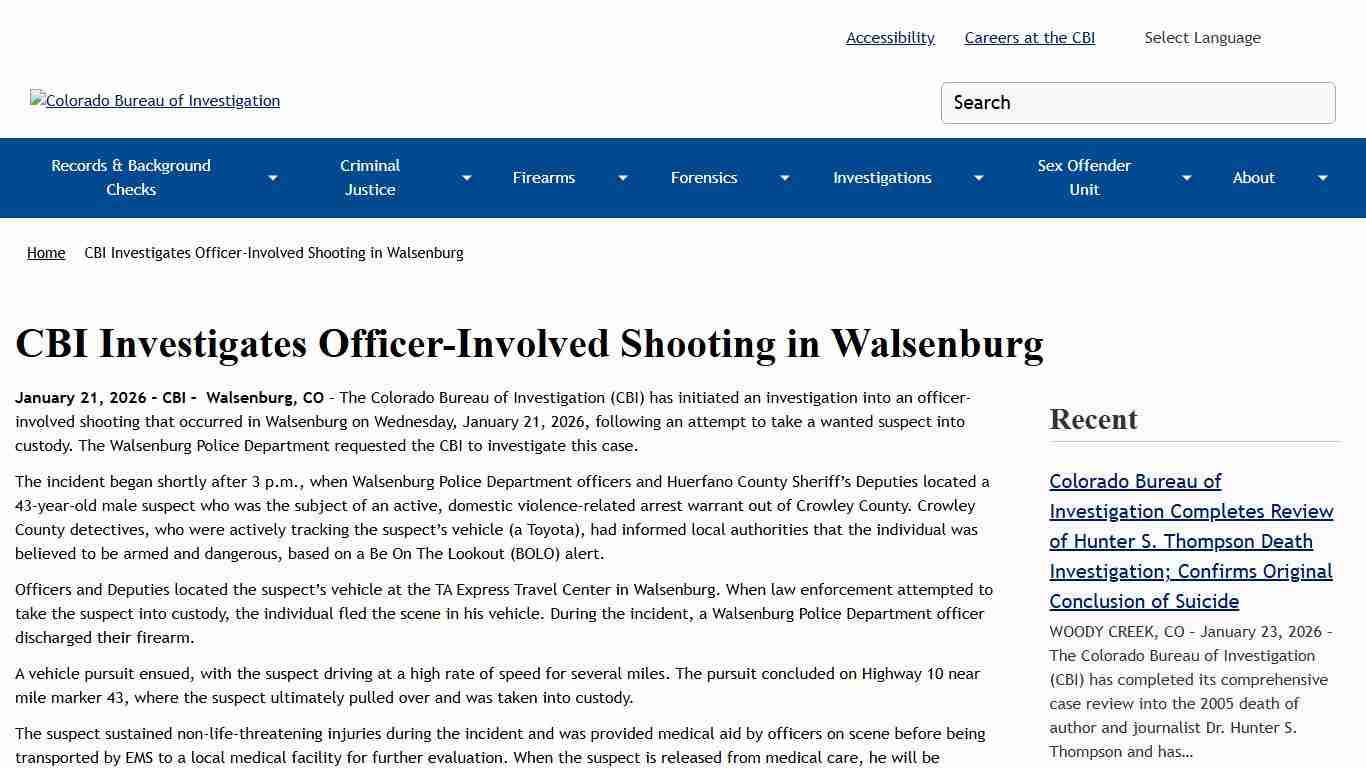 CBI Investigates Officer-Involved Shooting in Walsenburg Colorado Bureau of Investigation
