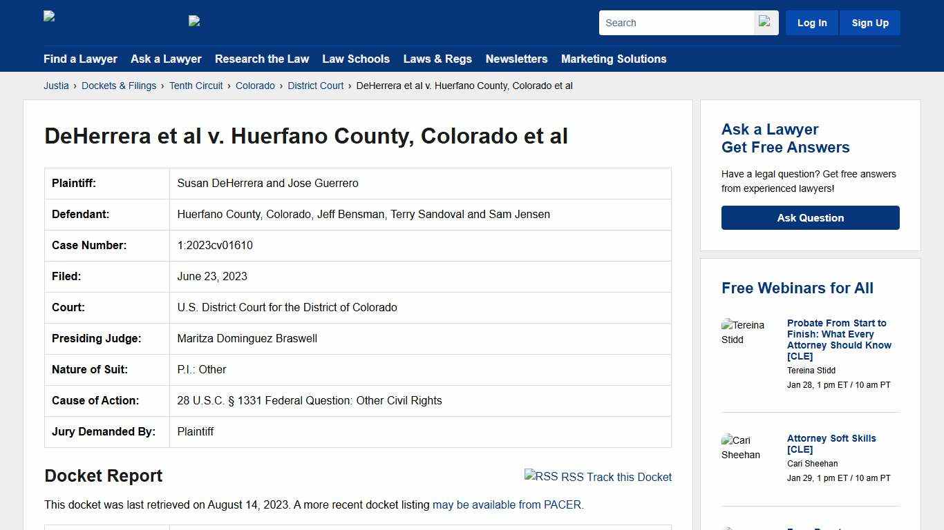 DeHerrera et al v. Huerfano County, Colorado et al 1:2023cv01610 U.S. District Court for the District of Colorado Justia